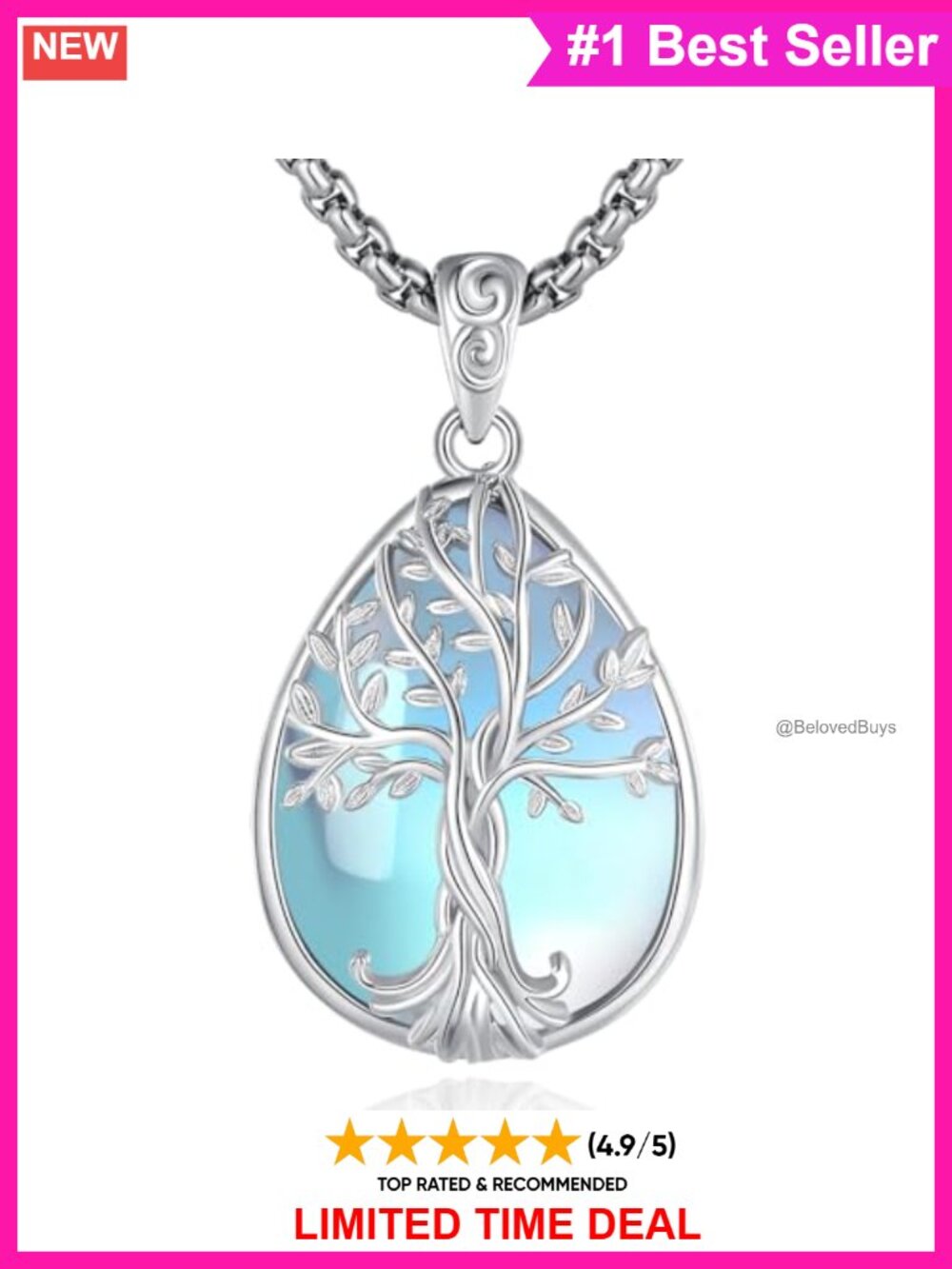 Tree of Life Moonstone Pendant Necklace 925 Sterling Silver Rhodium Plated